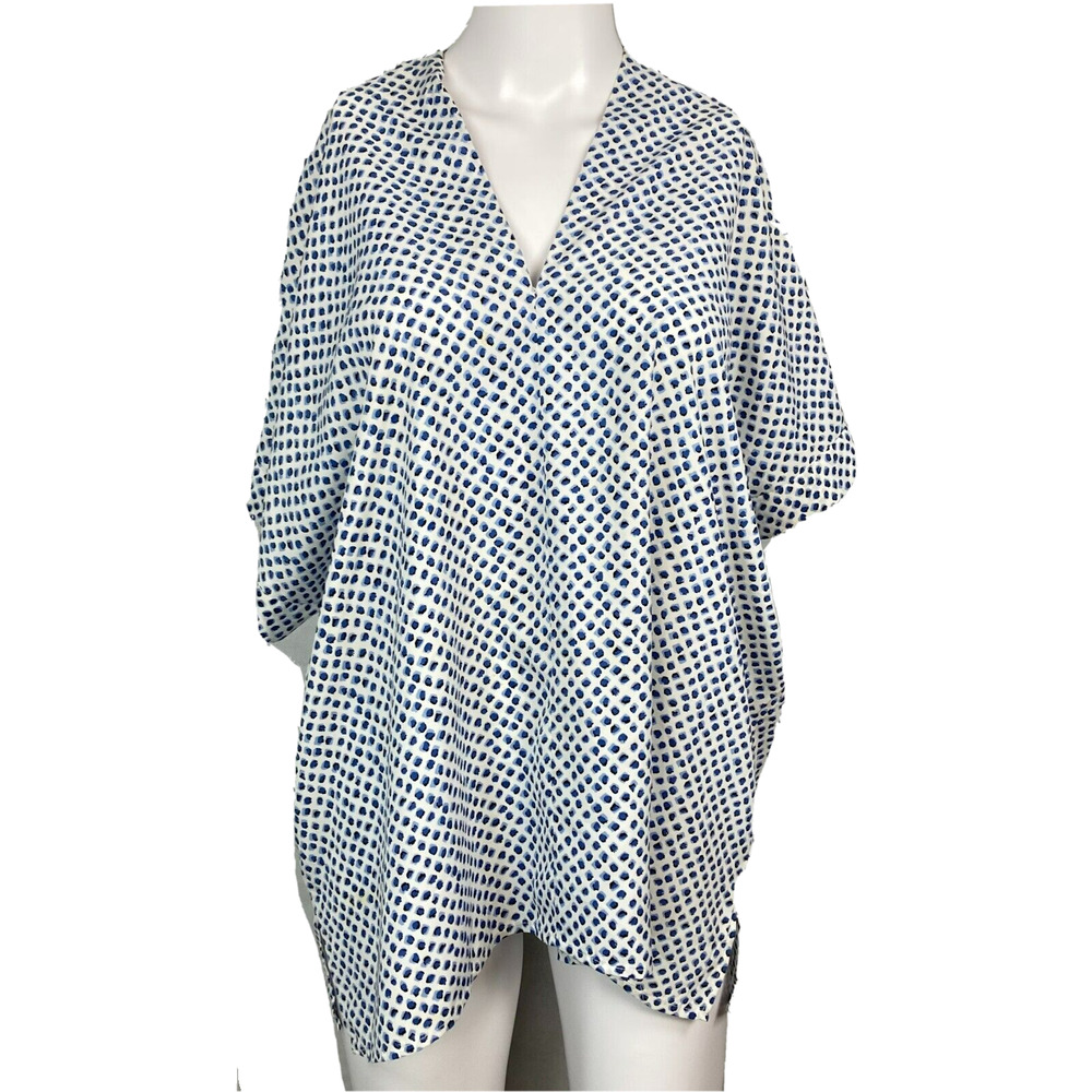 Karlie Shirt Womens Sz L White Blue Polka Dot V Neck Dolman Short Sleeve Popover